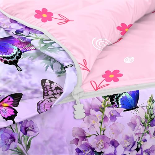 Image of Kids Comforter Set,Zipper Bedding Twin for Girls,Purple Butterfly Printed Comforter Set with Color Spots Fitted Sheets and Pillowcases for All Season(Purple Butterfly)