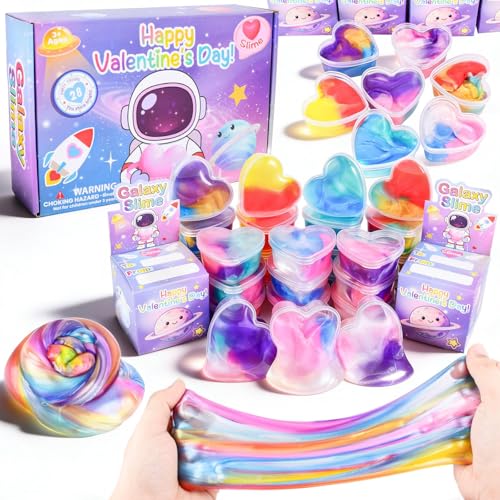 28 Pack Valentines Day Gifts for Kids with Galaxy Slime, Valentine Classroom Exchange Prizes, Slime Stress Relief Fidget Toys, Valentines Party Favors, School Prize Rewards