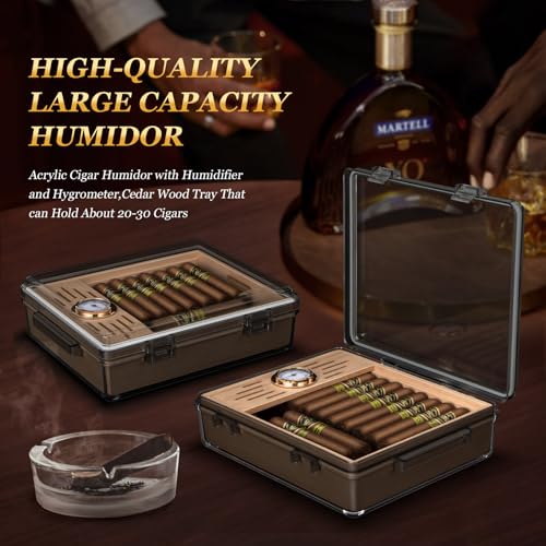 Image of Acrylic Cigar Humidor, Clear Cigar Box with Hygrometer, Humidifier and Cedar Wood Tray, Desktop Cigar Case Can Hold About 20-30 Cigars (Grey)