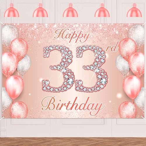 Image of Happy 33rd Birthday Rose Gold Banner Cheers to 33 Years Old Backdrop Confetti Balloons Theme Decor for Women 33 Years Old Pink Birthday Party Decorations Bday Supplies Background Favors Gift Glitter