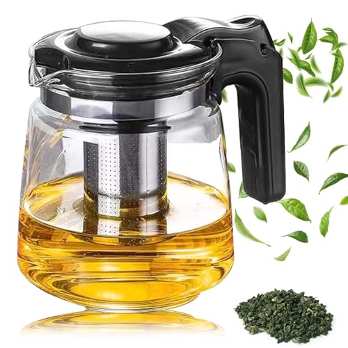 Tetera de cristal de 1,6 l con colador, 13,5 x 15 cm, resistente al calor, de vidrio de borosilicato, con filtro fino de acero inoxidable, mango y tapa para bebidas calientes y frías, té floreciente