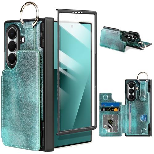Casetego for Galaxy Z Fold 7 Wallet Case Built-in Hinge Protection & Screen Protector & Card Holder & PU Leather & Finger Grip Ring Shockproof Hard Case for Samsung Z Fold 7 (2025) Green