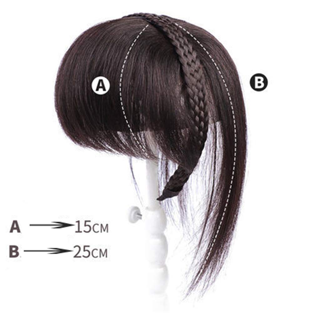 Clip in Braided Band Human Hair Crown Toppers for Female Bald Spot, with Straight Bangs, 10" Dark Brown