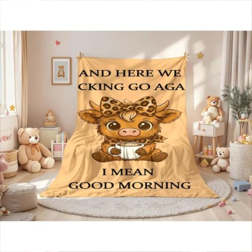 Funny Highland Cow Cozy Blanket - And Here We Fucking Go Again Sarcastic Coffee Lover Gift - Highland Cow with Bow Fleece Throw - Relatable Morning Mood Blanket for Cows Lovers Women & Friends - Image 5