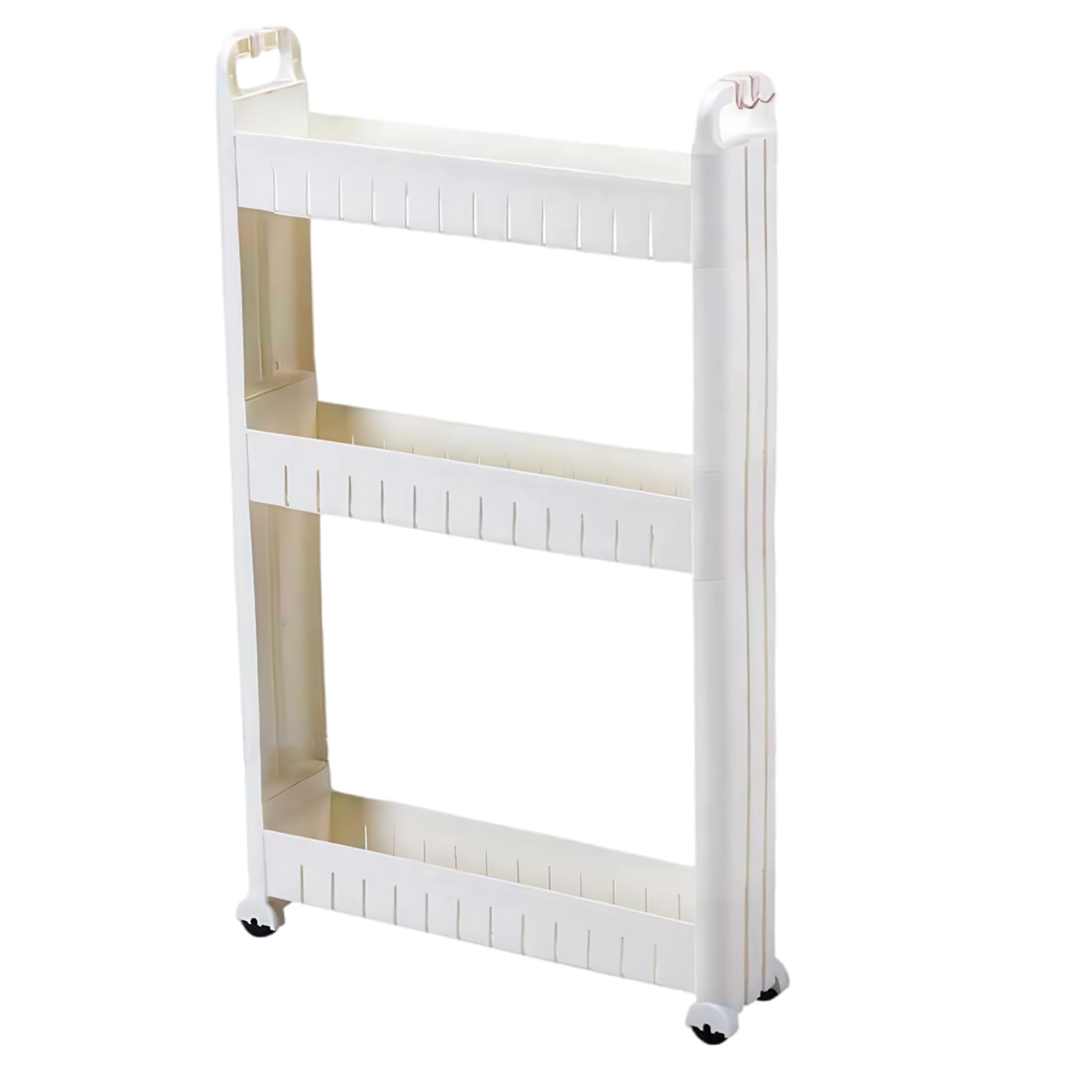 Carrito utilitario delgado de 3 niveles con ruedas, carrito de almacenamiento de plástico estrecho con ganchos y divisiones para cocina, baño, oficina y lavandería, 73 x 45 x 10 cm