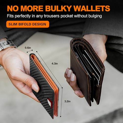 Image of Wallet for Men Slim RFID Blocking Bifold Carbon Fiber,Minimalist Small Compact Front Pocket Credit Card Holder,Thin Mens Leather Wallets Smart Security With 2 ID windows 1 Cash (Black & Orange)