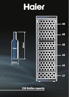 Haier, Cantina Vino HWS236GDEH1, Wine Bank 60 Serie 7, 236 bottiglie, 35 dB, Connessa, Vetro Anti-UV, Doppia zona, Nero, AxLxP 190x59,7x71,4 cm [Classe di efficienza energetica E]
