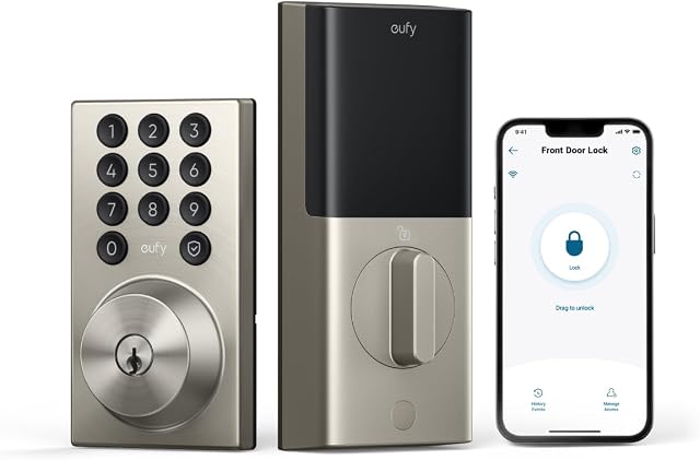 Anker eufy Smart Lock C30, Verrou de porte sans clé, Pêne dormant avec clavier WiFi intégré pour porte d'entrée, Pas de pont requis, Installation facile, Contrôle à distance par application, Nickel, Précédemment eufy Security
