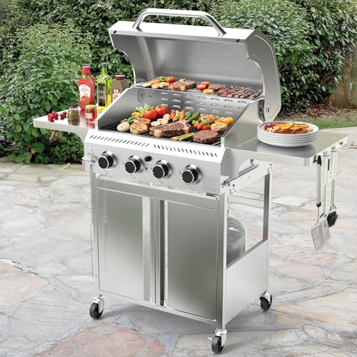 Electactic 4-Burner Propane Gas Grill with 304 Stainless Steel Cooking Grid, Hanging Hooks/Heat-Resistant Handle, 32000BTU Stainless Steel BBQ Grill with Portable Wheels for Camping/Patio/Backyard