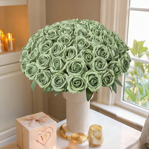 Image of 50 PCS Green Roses Artificial Flowers, Fake Roses with Stem Realistic Silk Roses for DIY Wedding Bouquets Tables Centerpieces Arrangements Baby Shower Birthday Home Decor Valentine's Day Gift for Her