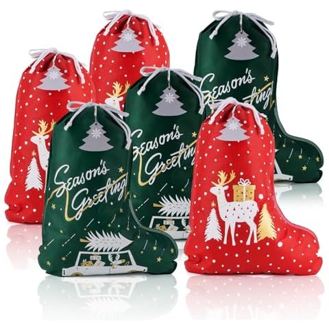 OYATON Set of 6 Christmas Stocking-Shaped Gift Bags - Fabric Drawstring Wrapping Bags with Tags & Festive Designs for Christmas Presents, 20"x15.6" Cover