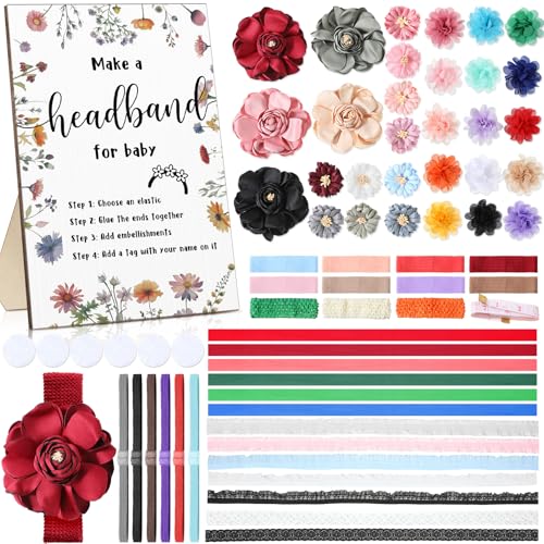 Geosar Baby Shower Games DIY Headband Making Kit Include Wooden Game Sign Elastic Cute Flowers Hairbands Round Fabrics and Tape Makes 30 Headbands for Baby Shower Guest Games(Wildflower) by Geosar - Used condition - US$18.88