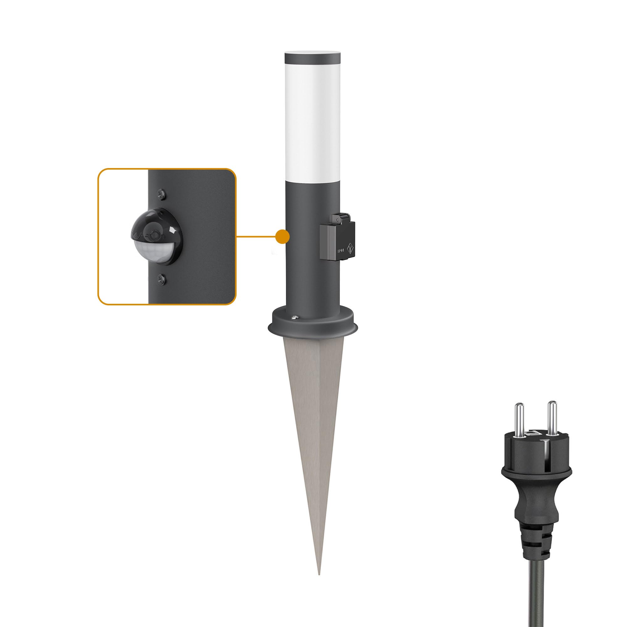 ledscom.de Dissuasore luminoso PORU Sensor con picchetto a terra e cavo di 2 m per esterni, 38 cm, antracite, presa, incl. E27 LED 471lm, bianco extra-caldo