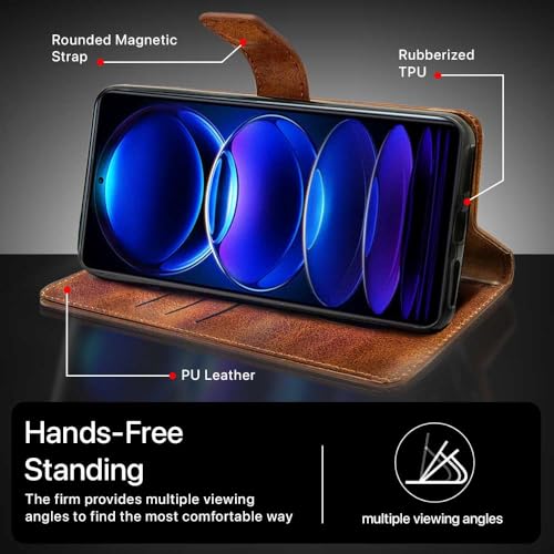 Image of WOW IMAGINE Shock Proof Hand Stitched Luxury Premium Flip Cover Case for Xiaomi Redmi Note 12 Pro 5G (Flexible | Leather Finish | Card Pockets Wallet & Stand | Tanned Brown)