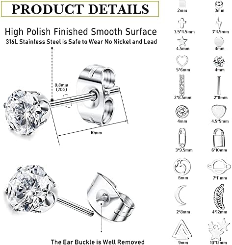 MILACOLATO 20Pairs Stainless Steel Tiny Stud Earrings for Women Star Triangle Moon Heart Ball Cross CZ Stud Earrings Cartilage Helix Tragus Stud Earrings Geometric Barbell Earrings Piercing Set