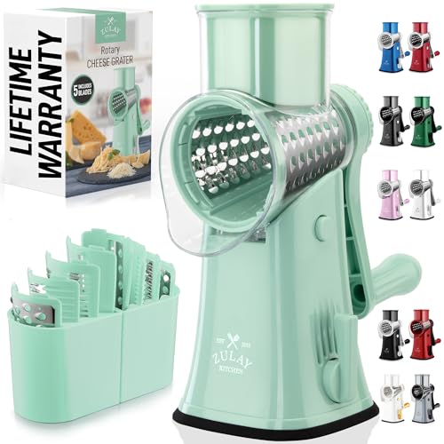 Image of Zulay Kitchen Rotary Cheese Grater 5 Blade Cheese Shredder - Manual Hand Crank Cheese Grater With Reinforced Suction & 5 Interchangeable Drums - Easy to Use, Vegetable Chopper Round Mandoline Slicer