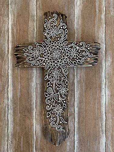 Ornate Flower Wall Cross - Rustic Driftwood Look Decorative Spiritual Art Sculpture #TOP2