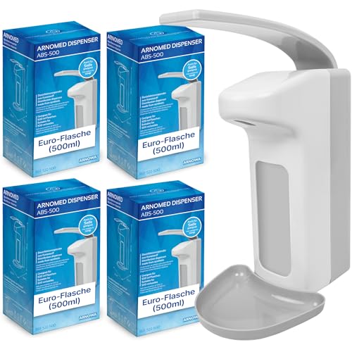4X ARNOMED Kunststoff-Desinfektionsspender, Desinfektionsmittel-Spender für 500ml, Eurospender, Seifenspender Weiss zur Wand-Befestigung, Desinfektionsspender Wand, Seifenspender stehend ohne Bohren