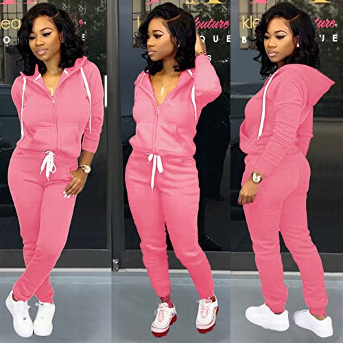 Clocor Women Sweatsuits Sets - Long Sleeve Casual Pullover Hoodie Solid Color Sport Tracksuit With Pocket Pink-S #TOP4