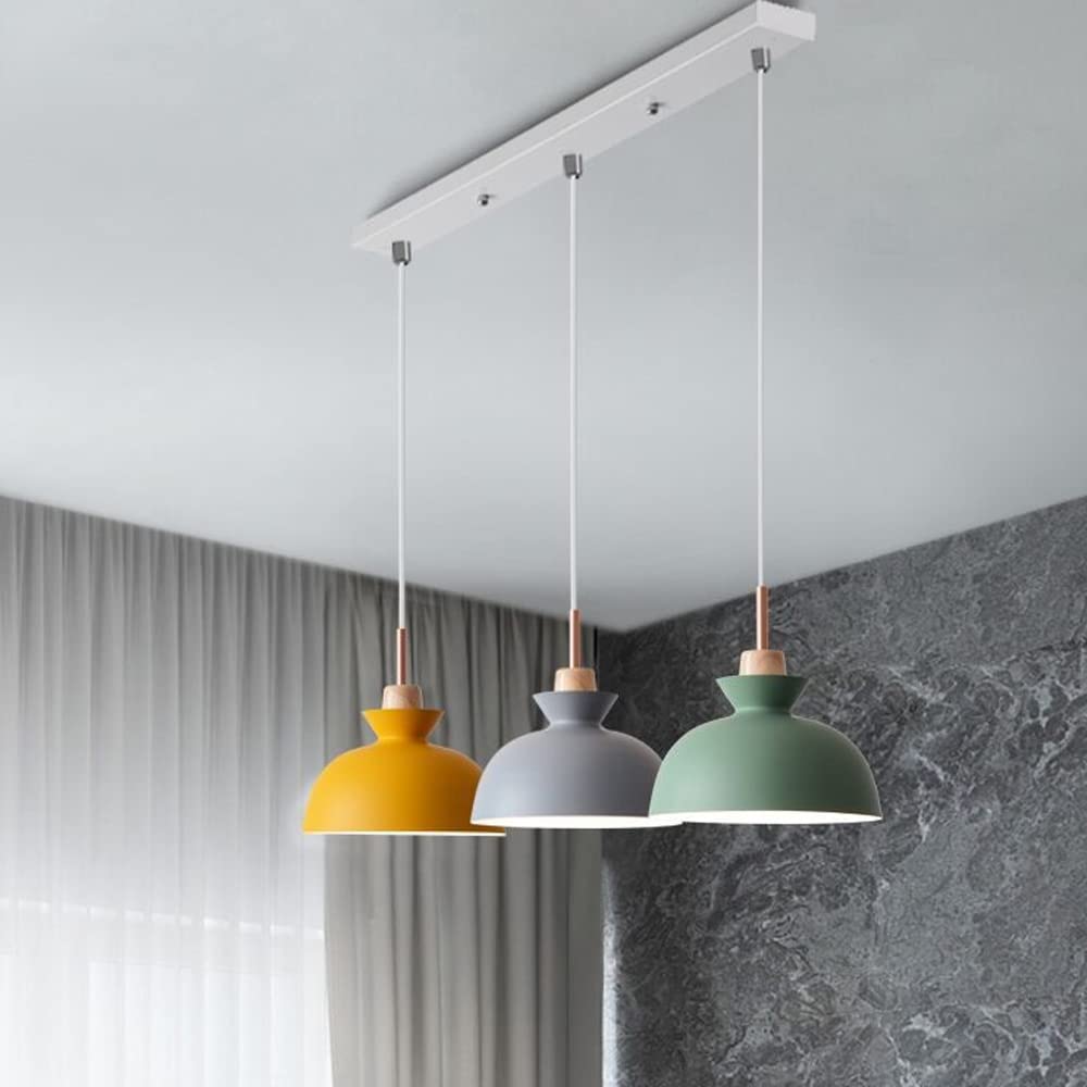 NAKEAH 3 Lights Macaron Metal Kitchen Island Hanging Light Fixtures Wood Pendant Light Matte Multicolor Dining Room Light Fixtures Over Table,E26 Base Yearn for