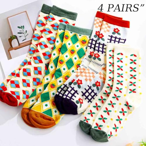 Floral Socks Cute Ankle Socks Frilly Crew Socks Cotton Socks Rustic Socks for Women 4 Pairs2