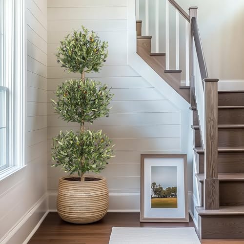5FT Artificial Olive Triple Ball Topiary Trees with Moss & Inner Pot, Outdoor Indoor Realistic Fake Shrubs Trees, Faux Plants Round Bushes Fake Shrubs Potted for Home Offices Porch Decor Set of 1