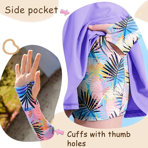 Image of HOZIY Girls Long Sleeve Swimsuit Two Piece Rash Guard Dress with Swim Shorts Front Zip for Kids Tween Teens UPF 50+