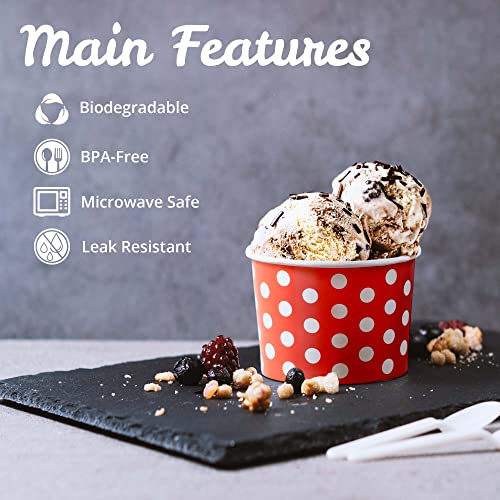 Matican Paper Ice Cream Cups - 50-Count 4-Oz Disposable Dessert Bowls For Hot Or Cold Food, 4-Ounce Party Supplies Treat Cups For Sundae, Frozen Yogurt, Soup, 5 Colors, Polka Dots #TOP5