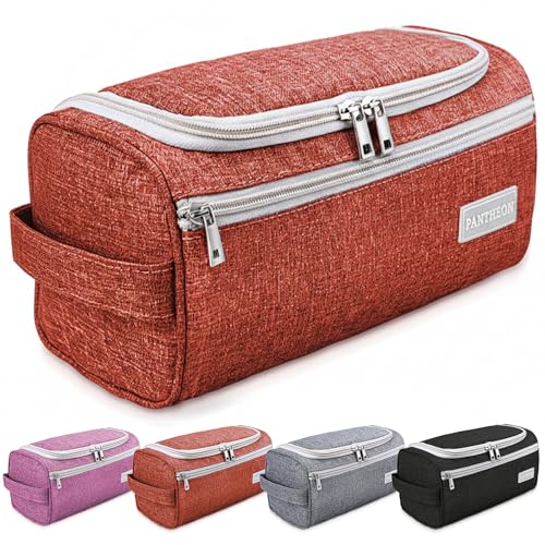 Image of Pantheon Men's Toiletry Bag - Travel Toiletry Bag Wash Bag Hanging Dopp Kit Shaving Kit for Bathroom Shower - Mens Travel Bag Hanging Toiletry Organizer Toiletry Kit for Traveling (Brick Red)
