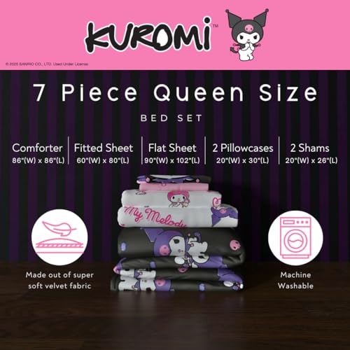 Image of Sanrio Kuromi & My Melody Bedding 7 Piece Super Soft Cozy Reversible Comforter and Sheet Set with Sham, Queen, (100% Official Licensed Product) By Franco