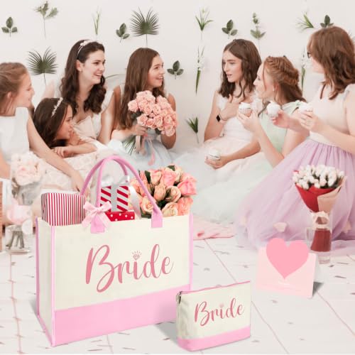 Image of Bride Gift Pink Canvas Bag Tote with Makeup Bag, Wedding Bridal Shower Gift | Large Capacity, Easy to Clean and Reusable, Waterproof Coating, Bride to be Gift Bag, Bride Gifts for Wedding Day