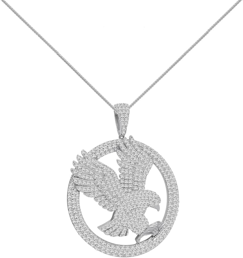VVS1/D 2.55 Ctw. Real Authentic Italian Sterling Silver 14K Gold Finish Simulated Diamonds Flying Eagle Bird Charm Pendant Medallion Free Chain Neckless