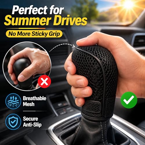 Image of SARTE Gear Shift Knob Cover Anti-Slip, Breathable Cotton mesh Anti-Scratch Shift Handle Protector Premium Gear Knob Cover for All Cars Universal fit (Black)