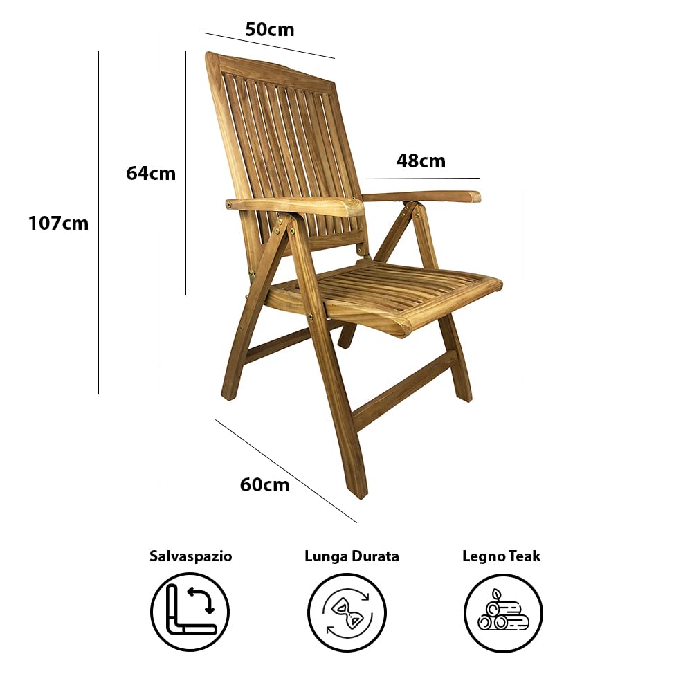Sedia Pieghevole da Giardino in Legno di Teak Bali Poltrona Schienale Regolabile Braccioli Resistente Esterni