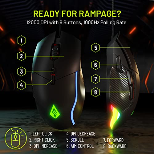 Image of Archer Tech Lab Recurve 300 Wired Gaming Mouse,12000 Dpi with 1000Hz Polling Rate 8 Buttons, Support, 6 Mode RGB, Sunplus Sensor, 10 Mn+ Clicks Huyu Switches, Compatible with Pc /Mac - Black