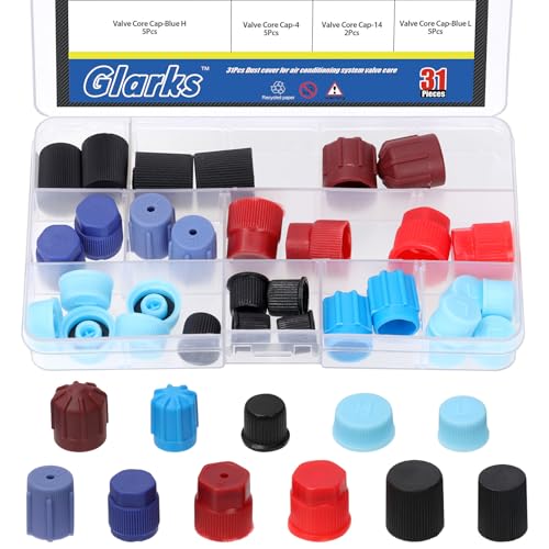 Glarks 31pcs 11 Types Car Auto AC Valve Core Dust Caps Kit, Plastic Valve Core Caps, AC System Charging Port Cap, Pressure A/C Cap for Sedans, Trucks, Recreational Vehicles and SUV, A/C Repair