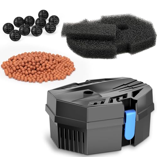 POPOSOAP Teichfilter Box für Klein Teiche im Freien, Wasserreiniger mit Filtermatten/Bio Kugeln/Keramikkugeln, Pumpenschutz & einfache Wartung für Teiche/Aquarien von 200–1200 L (Keine Pumpe)