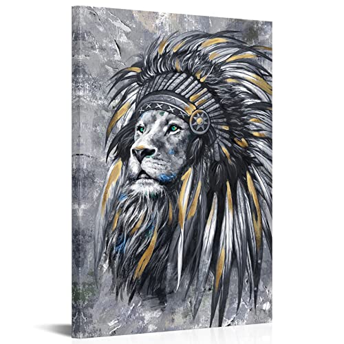 Conipit Native American Canvas Wall Art Indian Native Painting Feathered Chiefs Headdress Art Prints Lion Indian Feather Picture For Modern Home Decor Gallery Wrapped L24Xh36 Inch #TOP9