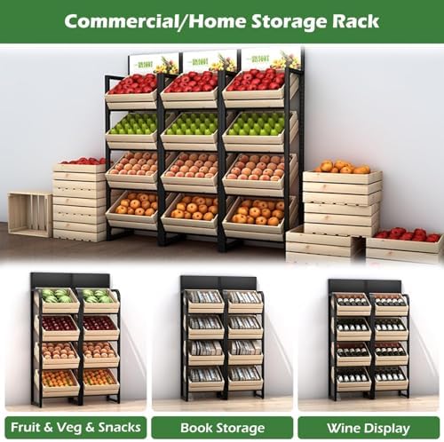 Large Capacity Supermarket Fruit Vegetable Shelf, Retail Snack Rack Display with Wooden Baskets for Kitchen Storage, Commercial Grade Organizer for Groceries and Produce