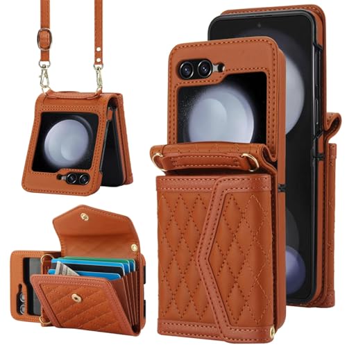 Étui portefeuille en cuir Samsung Z Flip5 marron avec dragonne