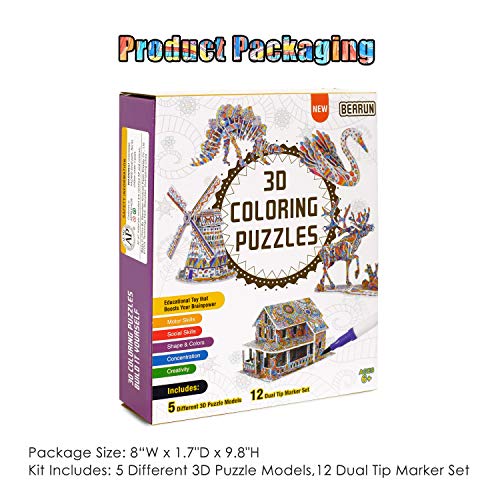 BEARUN 3D Coloring Puzzle Set, Arts and Crafts for Girls and Boys Age 6 7 8 9 10 11 12 Year Old, Fun Educational Painting Crafts Kit with Supplies for Kids, Birthday Toy Gift for Kids - Thumbnail 7