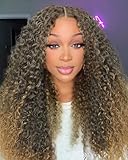 Tenacoo Blonde Curly Synthetic Lace Front Wig Ombre Brown Blonde Glueless Curly Wig Pre Cut 4x1 Lace Upgraded with Human Hair Feeling Fiber Long Deep Wave Curly Synthetic Wig (TBrown/Blonde-24 Inches)