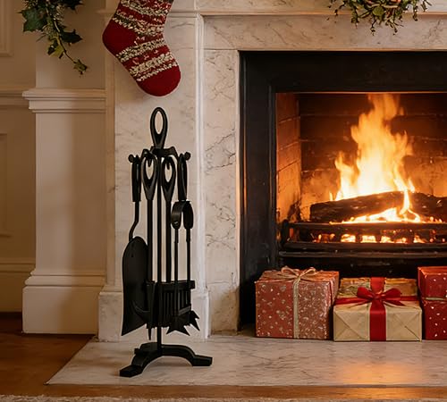 Calidola Set di 4 attrezzi per camino, manico e base in ghisa, altezza 55 cm, include pala, attizzatoio, spazzola, pinze, supporto stabile da 0,9 m, finitura nera