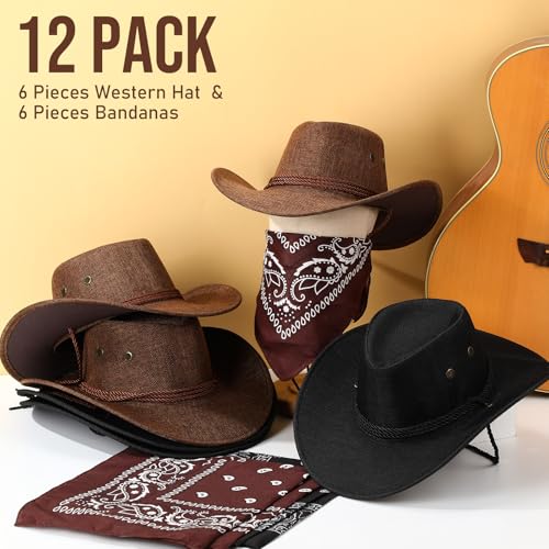 Image of Zhanmai 12 Pcs Cowboy Hat and Bandana Cowboy Cowgirl Hats Bulk Western Party Costume Halloween Accessory