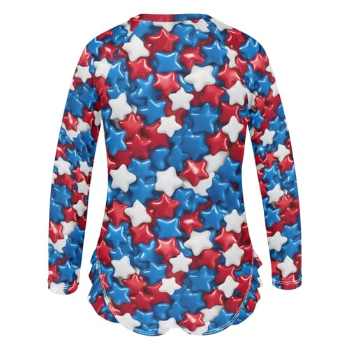 Independence Day Star Pattern Girls One Piece Rash Guard Swimsuit, Girls Long Sleeve Swimwear for 3-12Y3
