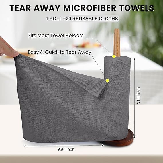 Image of Microfibre Cleaning Cloth Roll 25x25 cm (Pack of 20) | Tear-Away Reusable Multipurpose Cleaning Wipes | Highly Absorbent, Lint-Free & Scratch-Free Cloths for Kitchen, Car & Home