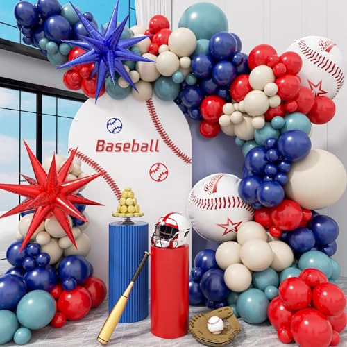 149pcs Baseball Balloons Arch with Navy Blue Red Sand White Balloons for Graduation Baseball Birthday Party Decorations