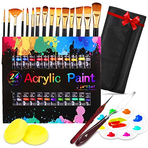 Pintura Acrílica, Buluri 24 Tubos de acrilico pintura Pintura de Calidad superior acrilico, con 15 pc Pinceles de Pintura de Nilón to Niños, Principiantes y Pro. para Lienzo, Papel, Madera, Tela -12ml