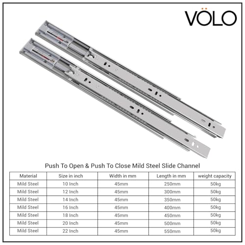 Image of Volo Heavy Duty Drawer Slides, Full Extension Ball Bearing Runners | Pack of 2 Piece | Channels for Kitchen Cabinets, Wardrobes, and Dressers (Push to Open, 14 Inch)