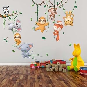 Jungle Animals Climbing Tree Wall Stickers – Elephant Monkey Koala Fox Leopard Sloth Wall Decals – Baby Nursery Kids Boy Girls Room Daycare Playroom Classroom Wall Decor